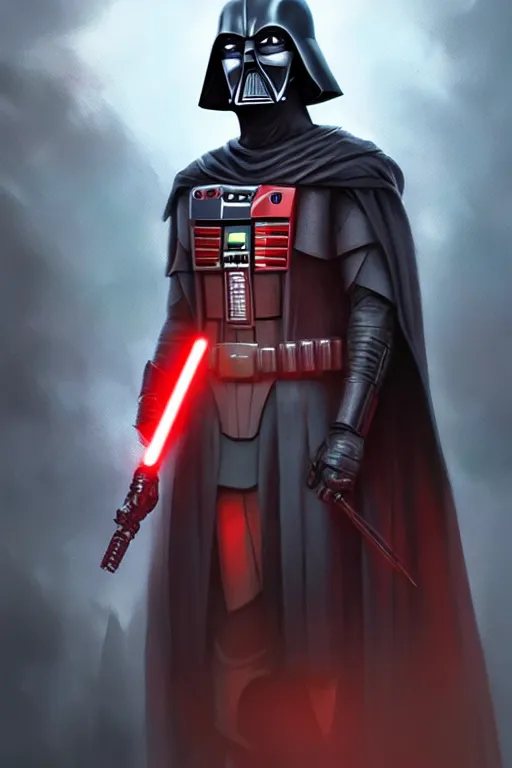 Prompt: characters portrait of Darth Revan mixed with Batman by ArtGerm and Tom Bagshaw, merged character, Full body shot, cinematic opening shot, 4k, highly detailed, cinematic lighting