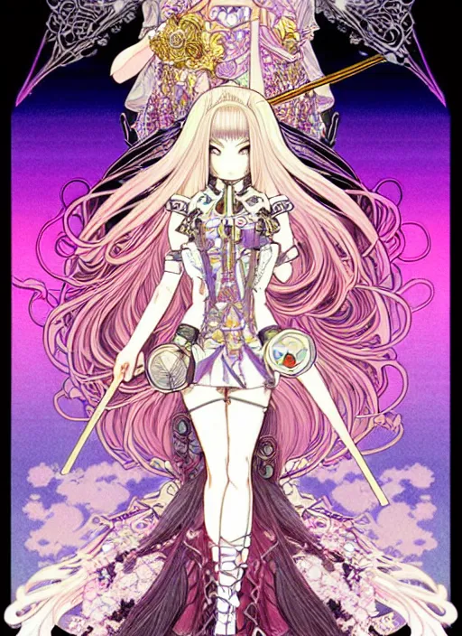 Image similar to highly detailed terada katsuya minaba hideo legend of the cryptids atrstation manga poster of princess mechine, rainbow gradient reflection, long hair, armor, dress, laces, ruffles, 8 k, maximalist, alphonse mucha