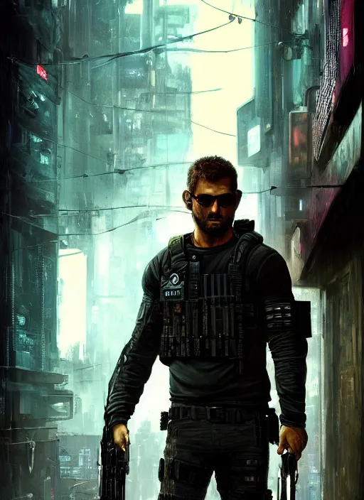 Image similar to sam fisher. cyberpunk mercenary in a military vest ( blade runner 2 0 4 9, cyberpunk 2 0 7 7 ). orientalist portrait by john william waterhouse and james gurney and theodore ralli and nasreddine dinet, oil on canvas. cinematic, hyper realism, realistic proportions, dramatic lighting, high detail 4 k