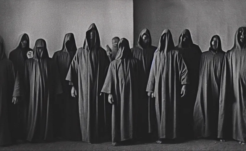 Image similar to a old grainy 1 8 0 0 s black and white photo of a group of demonic cultists, wearing robes, wearing hoods, performing a ritual, grainy, old photo, golden ratio, scary, horror photography, 5 0 mm lens, f 1. 8