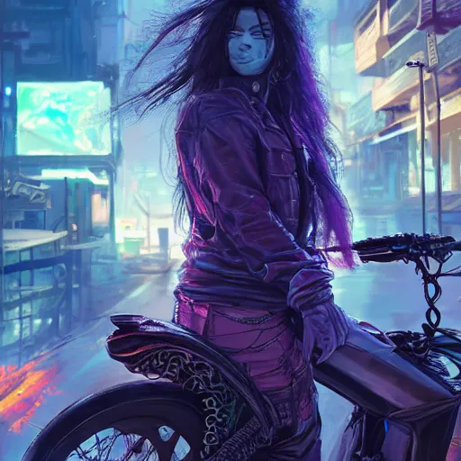 Image similar to portrait painting of a street samurai with long purple hair riding a motorcycle through a burning cyberpunk slum, glitchwave, ultra realistic, concept art, intricate details, eerie, highly detailed, photorealistic, octane render, 8 k, unreal engine. art by artgerm and greg rutkowski