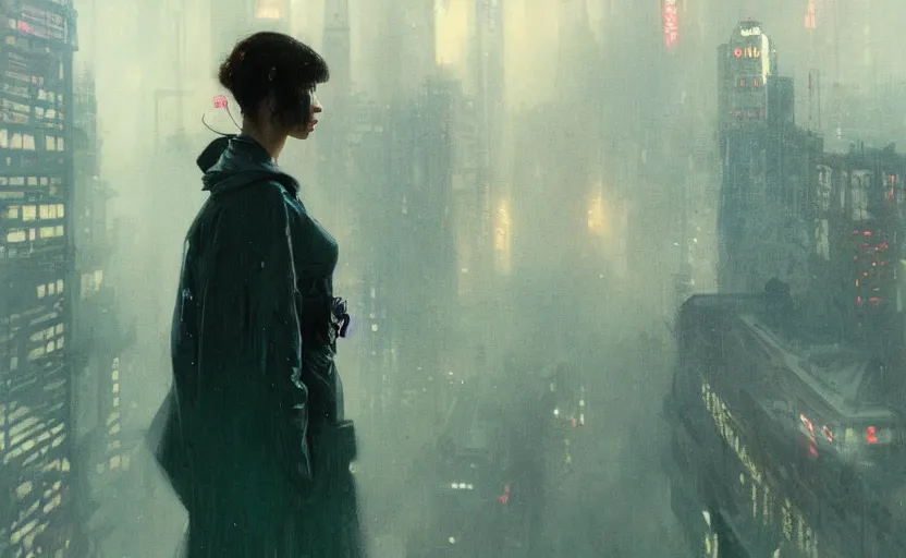 Prompt: 2 0 1 8 blade runner movie still girl look at the cityscape from roof perfect prtrait of young madison beer face fine realistic face pretty face neon puffy jacket blue futuristic sci - fi elegant by denis villeneuve tom anders zorn hans dragan bibin thoma greg rutkowski ismail inceoglu illustrated sand storm alphonse mucha