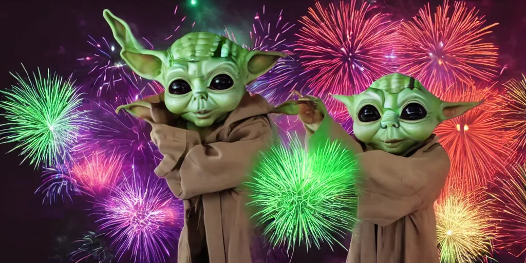 Image similar to muted rgb fireworks bursting in the sky form patterns to look like baby yoda but they're fireworks. 8 k, 4 k, hq, 3 d render, digital art, dramatic lighting, comedy, science fiction, hyper realistic, ultra detailed.