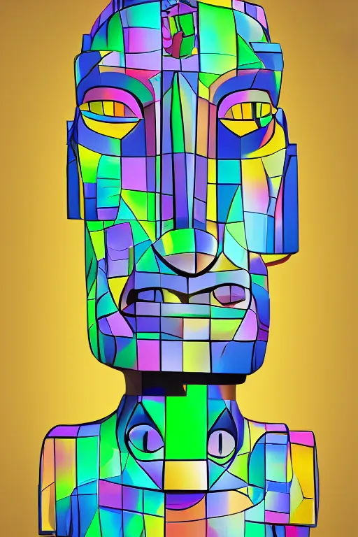 Image similar to cubist moai statue cutout digital illustration cartoon colorful beeple