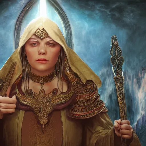 Prompt: powerful female wizard, surrounded by religious followers, featured on artstation, 8k highly detailed, intricate oil painting, concept art, photorealistic, 3d