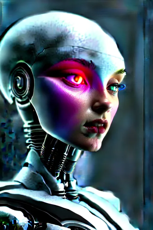 Image similar to ultra detailed, closeup photo of female android, cyborg, humanoid, gothic, ethereal, flowerpunk, scifi, fantasy, cyberpunk, octane render, megalopolis, unreal engine, asymmetrical!!!, photorealistic concept art, triadic color, art by artgerm and wlop and giger and greg rutkowski and alphonse mucha, 8 k