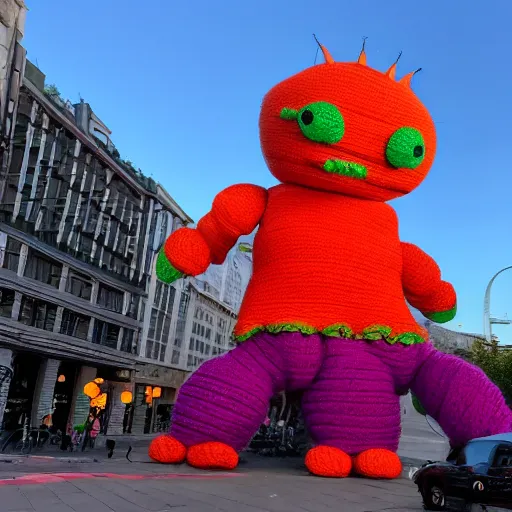 Image similar to a large monster made out of yarn is attacking the center of the city at magic hour,