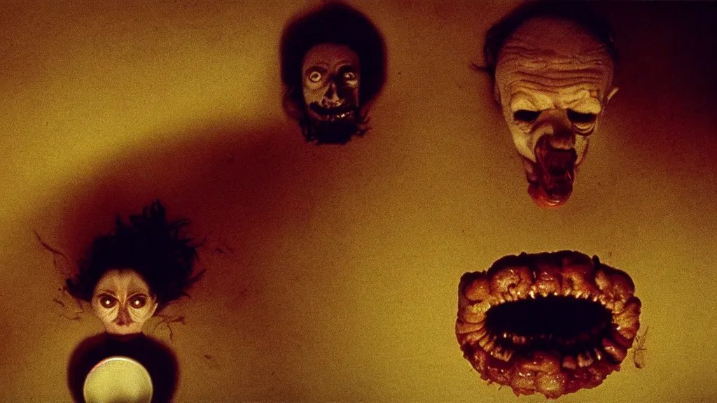 Image similar to the face with the plate of food under my bed, film still from the movie directed by denis villeneuve and david cronenberg with art direction by salvador dali and zdzisław beksinski, wide lens