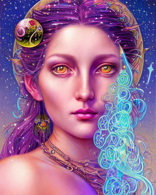 Image similar to portrait of an ethereal gypsy woman with detailed eyes, crystal ball, glowing face, in space with a half moon, photorealistic, colorful dress, in the style of ilya kuvshinov, donato giancola, holographic undertones, art nouveau zodiac galaxy background, intricate, flowing dress, smooth, sharp focus, dramatic lighting, illustration, hdr, artgerm