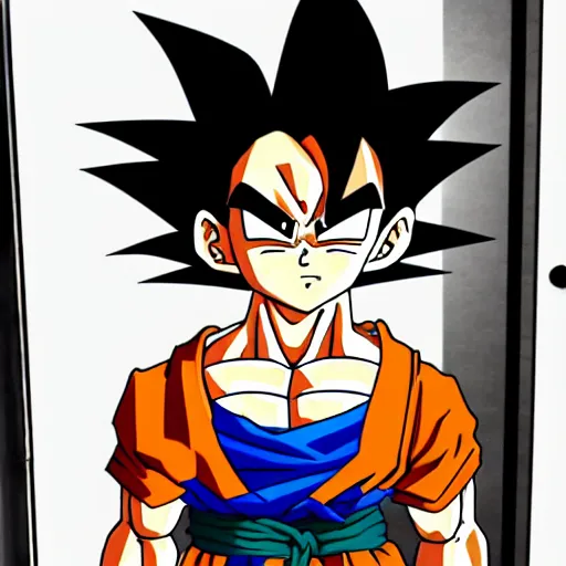 Prompt: Goku standing at the door menacingly