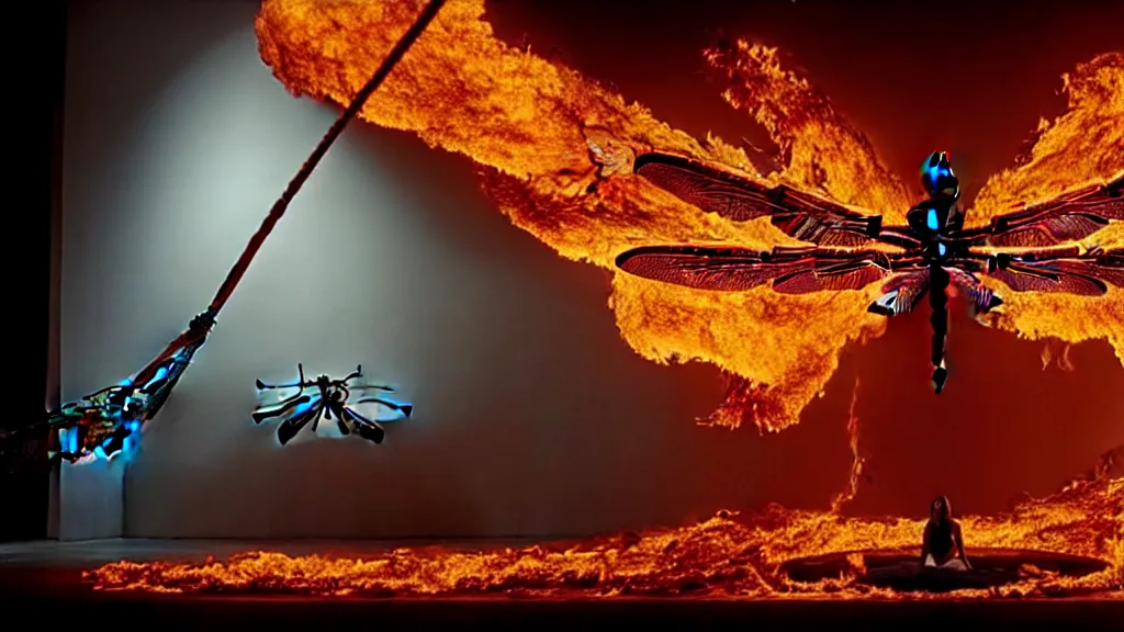 Image similar to a giant dragonfly, made of blood and fire, floats through the living room, film still from the movie directed by Denis Villeneuve with art direction by Salvador Dalí, wide lens