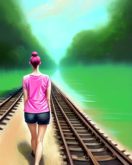 Image similar to photo of a girl with black hair in a ponytail and dressed in a green shirt and pink shorts walking along train tracks stretching out toward the horizon that are submerged under a few inches of water, intricate, elegant, highly detailed, digital painting, artstation, concept art, smooth, sharp focus, illustration, art by artgerm and greg rutkowski and fra angelico