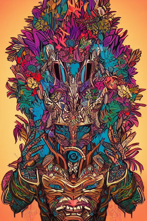 Image similar to animal mask totem roots flower tribal feather gemstone plant wood rock shaman vodoo video game vector cutout illustration vivid multicolor borderlands comics by josan gonzales and dan mumford radiating a glowing aura