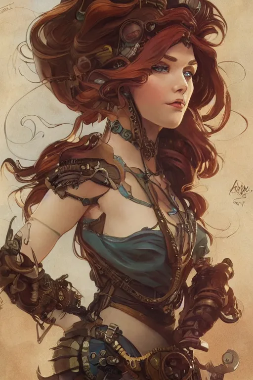 Image similar to ariel little mermaid as a steampunk half - cyborg cowgirl, pelt coats, high fantasy, dnd, smooth, sharp focus, illustration, highly detailed, digital painting, artstation, concept art, by rossdraws, alphonse mucha, frank fanzzeta, collectible card art