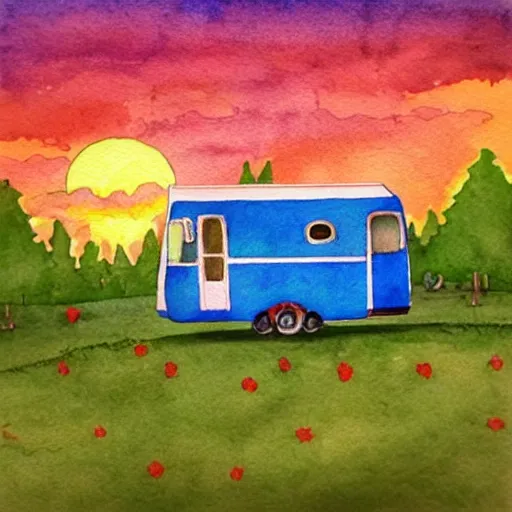 Prompt: beautiful cute cozy very little class c motorhome on the grass by the water, sunset, warm colors, puffy cute clouds, white background, watercolor, 4 colors!!!