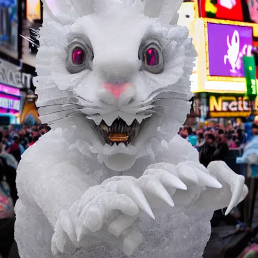Prompt: a realistic ice sculpture of a very scary bunny with sharp teeth made by michelangelo, standing in times square, 3 d render, hyper detailed, sharp focus, 8 k resolution