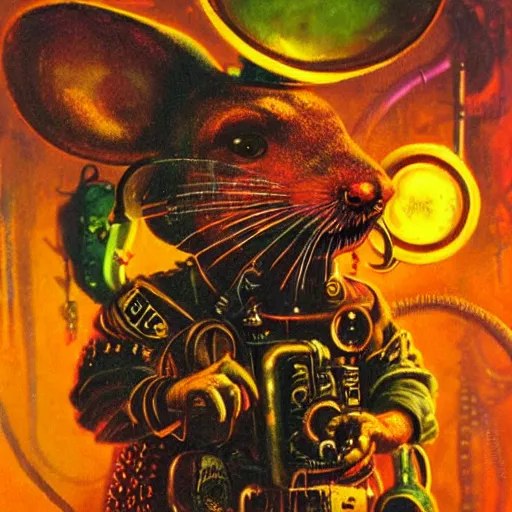 Image similar to steampunk rat, acid, 303, psychedelic, by paul lehr