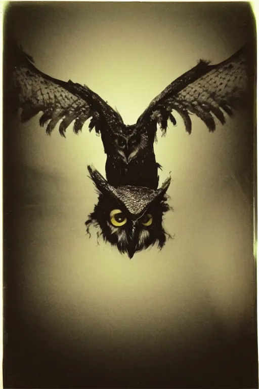 Image similar to paranormal polaroid of a singular demonic and very big owl perched on the bed headboard, low key lighting, creepy atmosphere