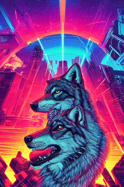 Image similar to a portrait of a wolf with thunders in the sky in a future cybernetic city, outrun style and colours, trending on arstation, by dan mumford, by ross tran