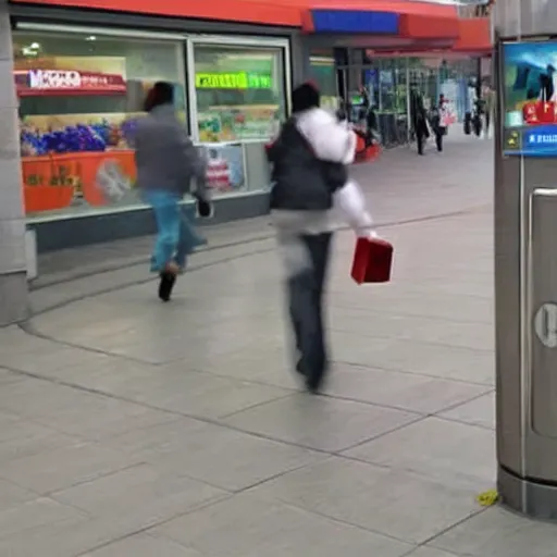 Image similar to a letter box with human legs running around in a shopping center, cctv footage