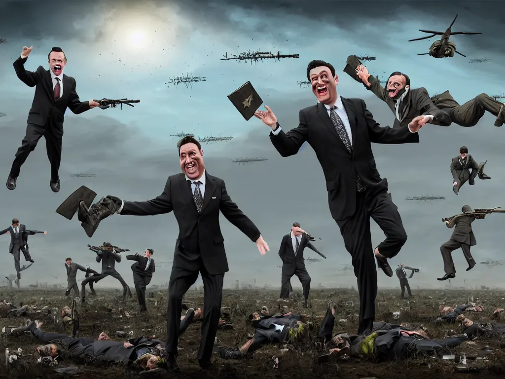 Image similar to one Comedian in suit and tie performing in a battle-field with dead bodies on the ground, comedian is funny, performing to dead soldiers, nuclear bomb in far horizon, apocalypse, trending on artstation, artstationHD, hyperdetailed matte painting, highly detailed, digital painting, hyper-realistic, realistic, photo-realistic