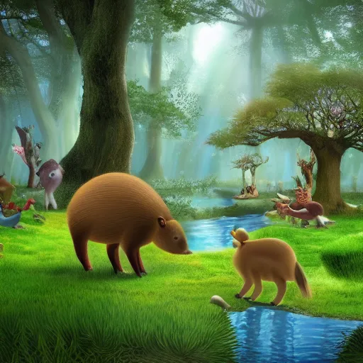 Image similar to magic forest with capybaras and fairies, realistic, 4k