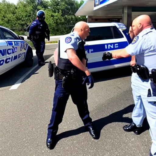 Prompt: Mr. Clean getting arrested by the police at a gas station