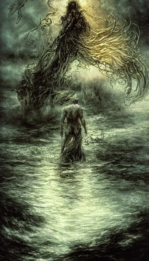Image similar to man on boat crossing a body of water in hell with creatures in the water, sea of souls, by luis royo,