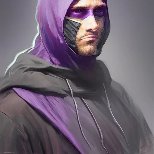 Image similar to ultra realistic illustration, man in a black hood, in a striped purple balaclava, mysterious, highly detailed, digital painting, artstation, concept art, smooth, sharp focus, illustration, art by artgerm and greg rutkowski and alphonse mucha