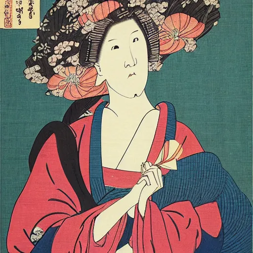 Image similar to Renaissance oil painting, ukiyo-e, surreal, manga young lady flowers
