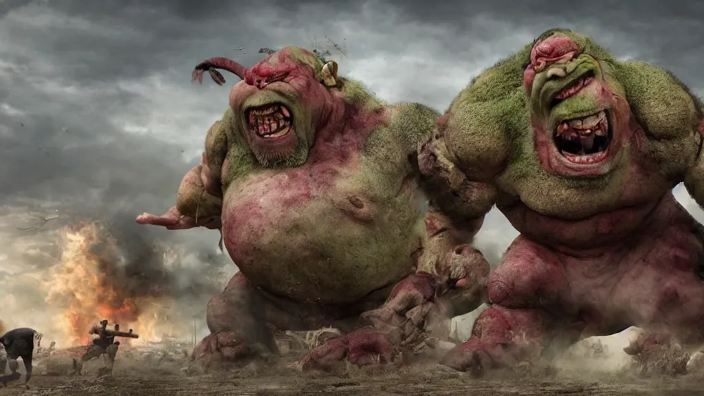 Image similar to a huge violent angry ogre huge violent angry ogre huge violent angry ogre stomps through background smashed trailer homes, people looking on in astonishment