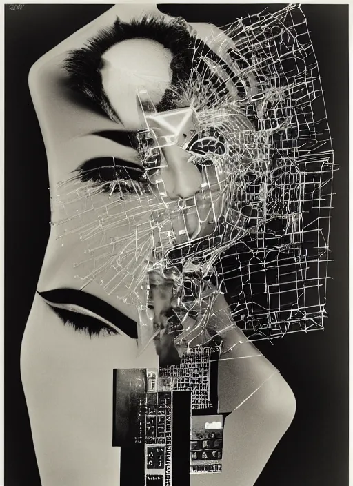 Image similar to Portrait of a fashion fractal girl with a television head wearing kimono made of circuits and leds, surreal photography by Man Ray