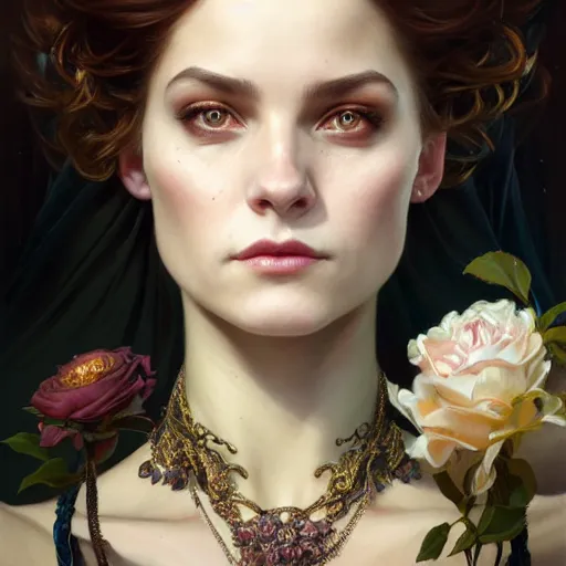 Image similar to portrait painting of an extremely fancy girl with a devious expression, gaslamp fantasy, victorian, ultra realistic, concept art, intricate details, eerie, highly detailed, photorealistic, octane render, 8 k, unreal engine. art by artgerm and greg rutkowski and charlie bowater and magali villeneuve and alphonse mucha