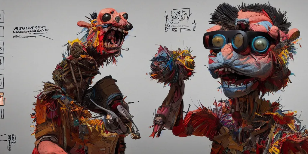 Prompt: colorful puppet character design, character sheet, kim jung gi style, greg rutkowski, zabrocki, karlkka, jayison devadas, trending on artstation, 8 k, ultra wide angle, zenith view, pincushion lens effect