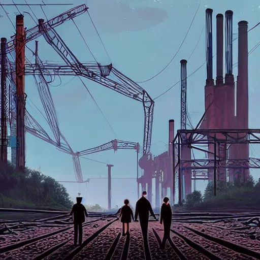 Image similar to a family holding hands, looking at an abandoned steelworks by simon stalenhag