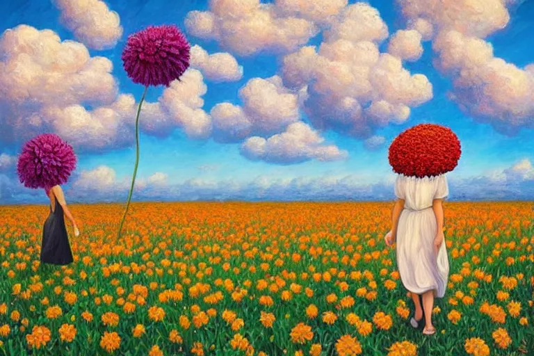 Image similar to giant flower head, woman walking, surreal, clouds in sky, impressionist painting, digital painting, artstation, rob gonsalves