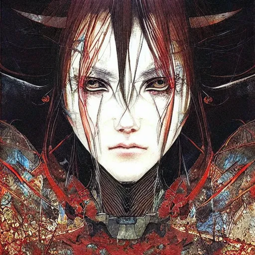 Image similar to “ a simple concept art portrait of a destiny witch with full armor set, an award winning yoshitaka amano digital art, by adrian ghenie and gerhard richter. art by takato yamamoto. masterpiece, deep colours. ”