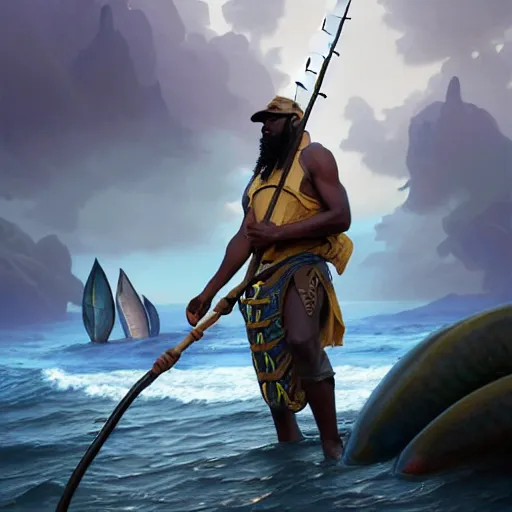 Prompt: fisherman, male, Jamaican, wide angle, parting the sea, magical fishing rod weapon, D&D, fantasy, intricate, elegant, highly detailed, digital painting, artstation, octane render, concept art, matte, sharp focus, illustration, hearthstone, art by Artgerm and Greg Rutkowski and Alphonse Mucha