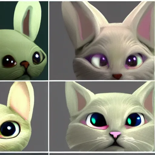 Image similar to a cute mix between a rabbit and a cat, beige, big green eyes, cute, concept art style