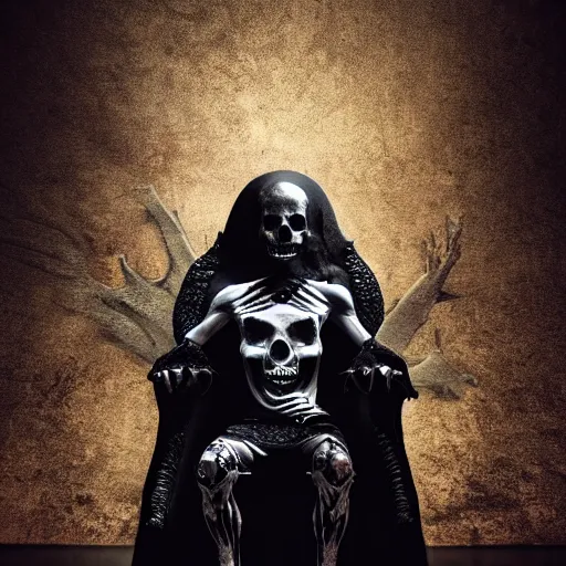 Prompt: the king of death, sitting on throne, shadows, hyperrealistic, dead bodies in the background, high resolution, 8 k, dramatic lighting, holding a skull, dramatic pose, dramatic