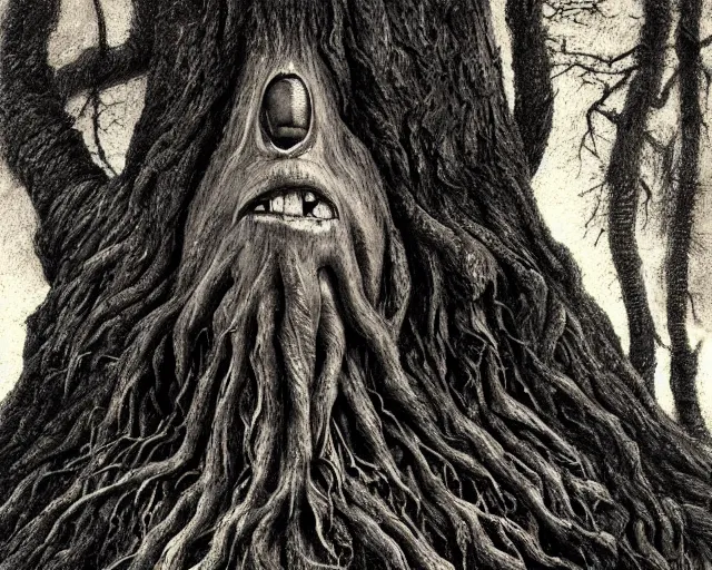 Image similar to a talking oak tree, a face in the bark, nose made of wood, eyes in the bark, mouth in the bark, horror concept art, scary, sharp teeth, digital painting, oil painting, hyperrealistic, treebeard, ent, highly detailed, moonlight, very detailed eyes, artstation, cgsociety, in the forest, by alan lee, by artgerm