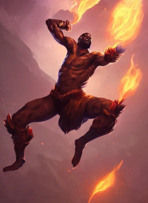 Image similar to a highly detailed illustration of attractive young african fire god with short hair, heroic jumping pose, intricate, elegant, highly detailed, centered, digital painting, artstation, concept art, smooth, sharp focus, league of legends concept art, wlop