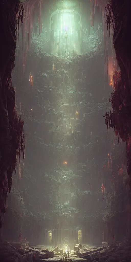 Prompt: Detailed Interior of the Drowned temple, shattering walls, creeping gloom, light shafts, the glowing throne, stunning atmosphere, in Style of Peter Mohrbacher, cinematic lighting