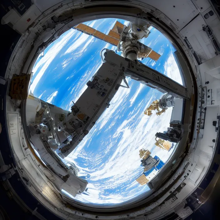 Image similar to inside the iss interior looking out of a futuristic window onto earth, photorealistic, hyperdetailed, sci - fi, atmospheric, artstation