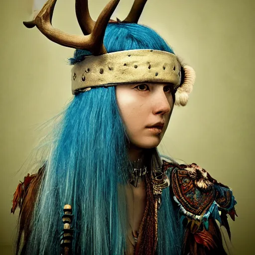 Prompt: A young female shaman, blue hair and antlers on her head. blindfolded, heilung, in the style of Heather Theurer, headshot photoshoot, insanely detailed and intricate, beautiful, elegant, cinematic toplight, portrait, headroom, artstation, made by karol bak