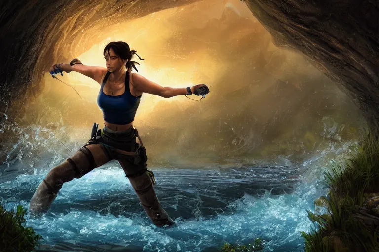 Prompt: wide shot of exhausted Lara Croft climbing out of a roaring ancient river, fireflies by Lilia Alvarado