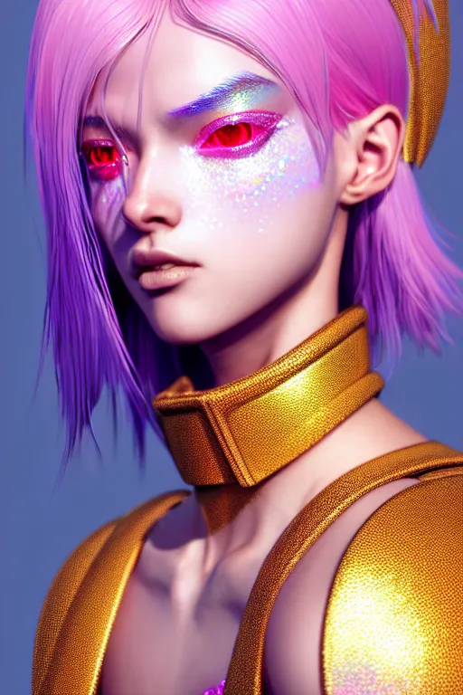 Image similar to hyperdetailed portrait of a stunningly beautiful european girl androgynous guard made of iridescent metals shiny pink gems, bright rainbow gold sparkled nimbus, inspired by ross tran and wlop and masamune shirow and kuvshinov, concept art, intricate, photorealistic, octane render, rtx, hdr, unreal engine, dnd digital art by artgerm