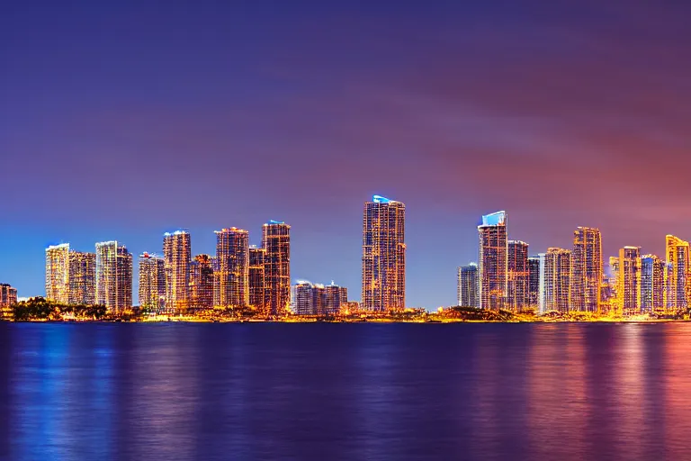 Prompt: beautiful nighttime landscape photography of Miami Florida skyline with a crystal blue ocean water, serene, dramatic lighting.