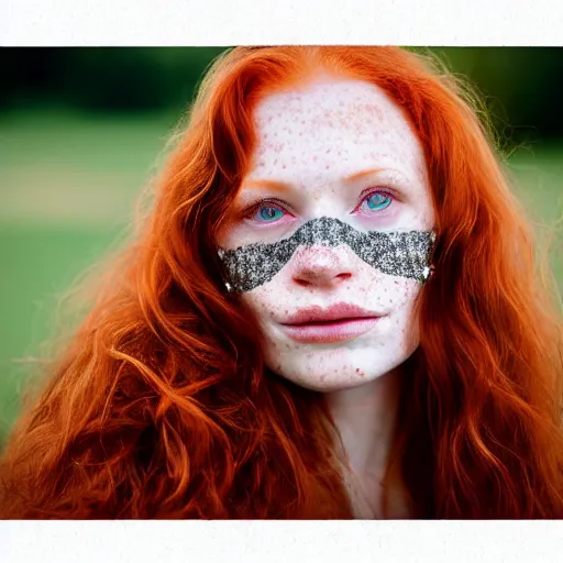 Image similar to close up hald face portrait photograph of a redhead woman with stars in her irises, and freckles. Wavy long hair. she looks directly at the camera. Slightly open mouth, face covers half of the frame, with a park visible in the background. 135mm nikon. Intricate. Very detailed 8k. Sharp. Cinematic post-processing. Award winning portrait photography