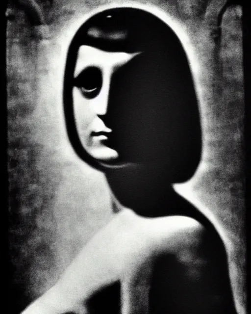 Prompt: a black and white photo of a divine cyborg in the style of dora maar,